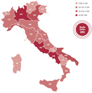 Population density for each region, Italian National Statistics Office 2016